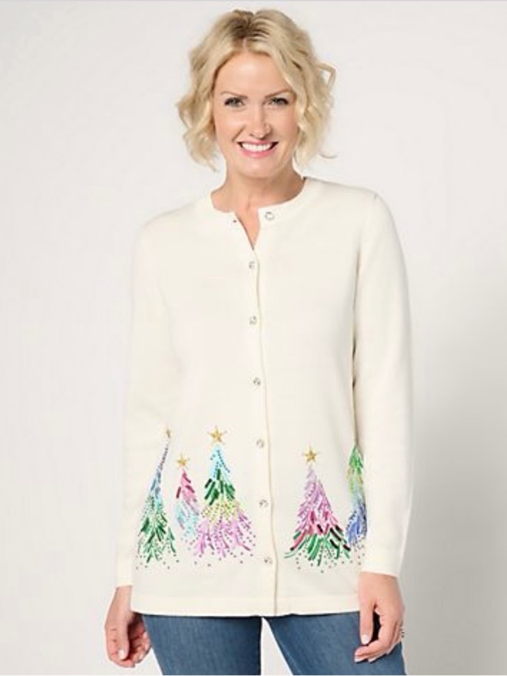 Quacker Factory Cream Button-Front Sweater Cardigan with Festive Tree Embroidery